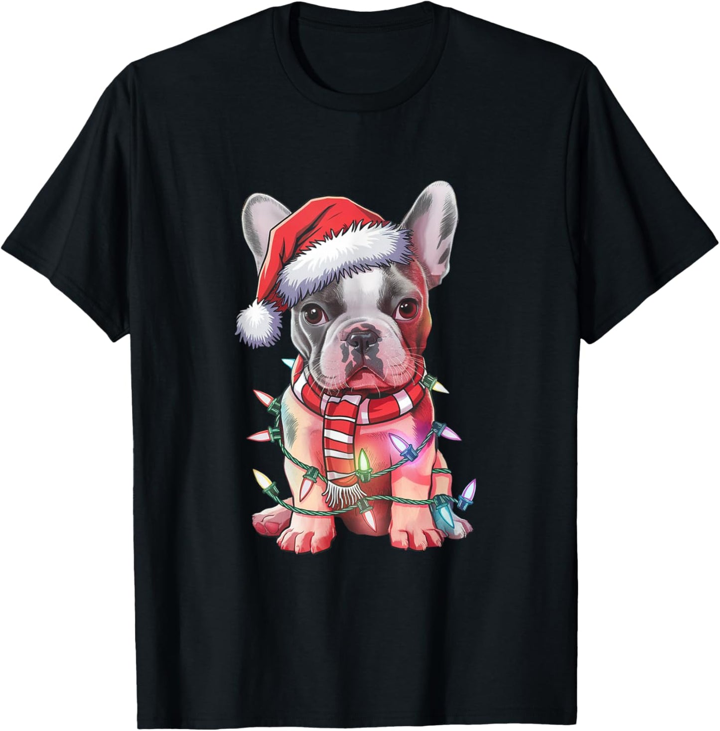 Christmas Lights French Bulldog Santa Hat Funny Dog Xmas Men Women Kids T-Shirt - T-Shirt | Black