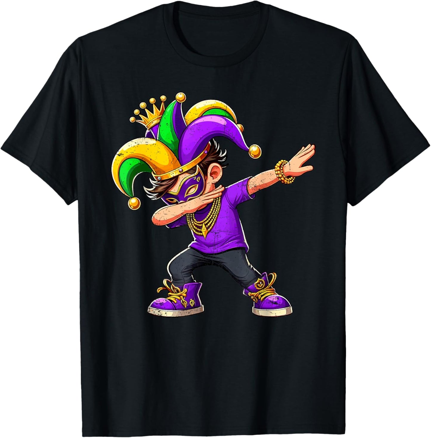 Dabbing Mardi Gras For Black Boy Outfit Jester Hat Kid T-Shirt - T-Shirt | Black