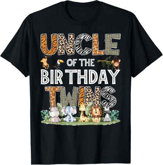 Uncle Of The Birthday Twins Safari Wild One Zoo Animal T-Shirt - T-Shirt | Black