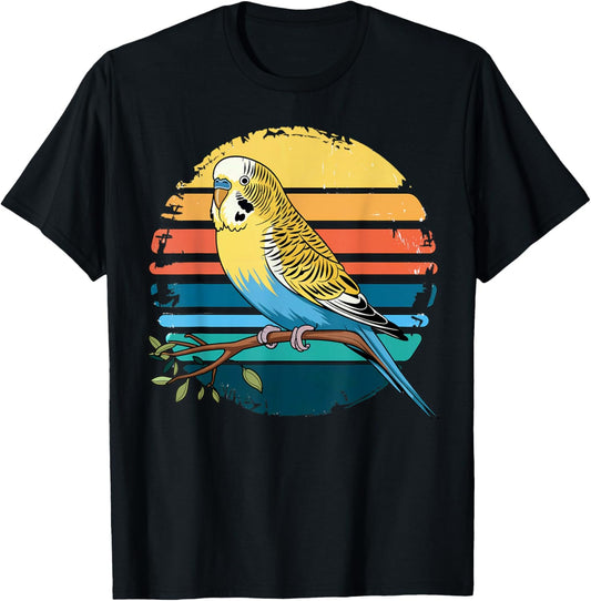 Budgie Parakeet Retro Sunset Vintage Budgerigar Bird Lover T-Shirt - T-Shirt | Black