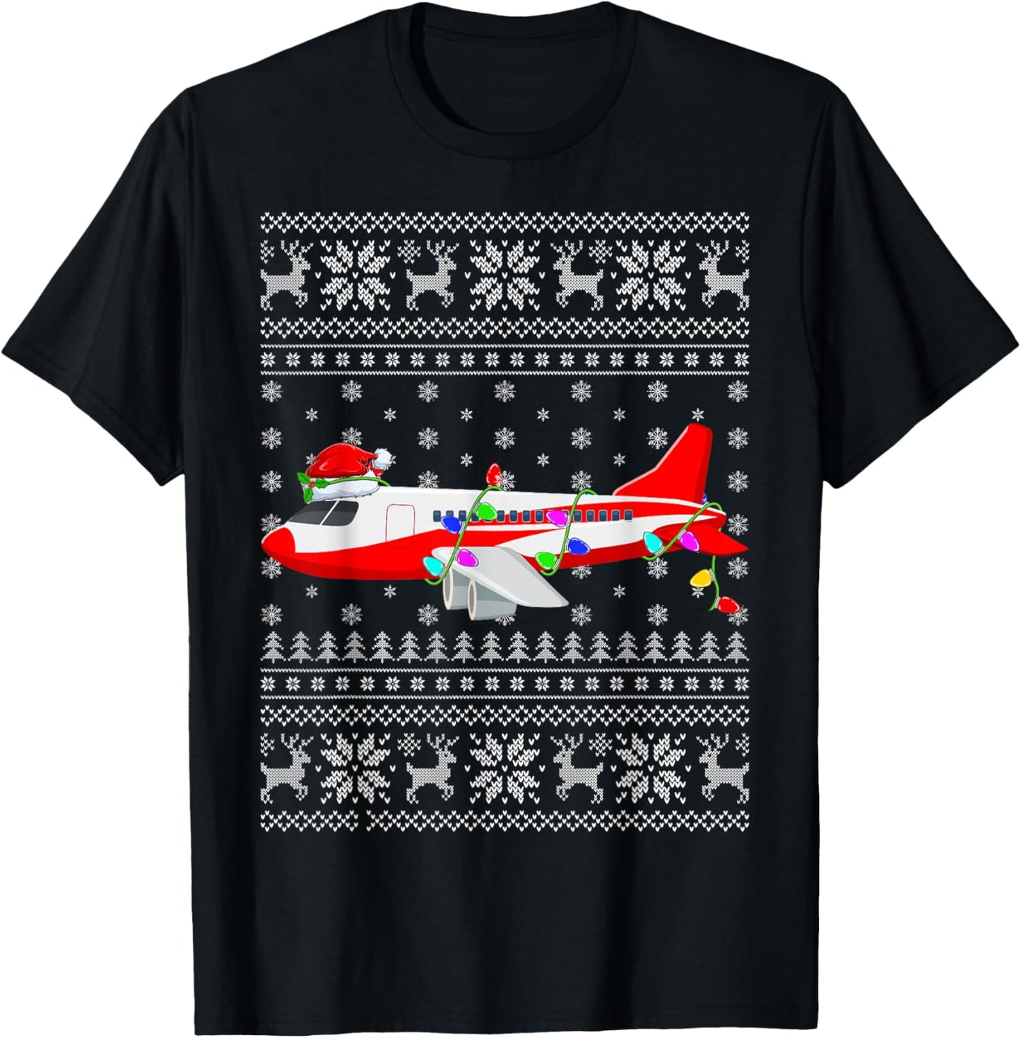 Ugly Sweater Xmas Lights Santa Hat Airplane Christmas T-Shirt - T-Shirt | Black