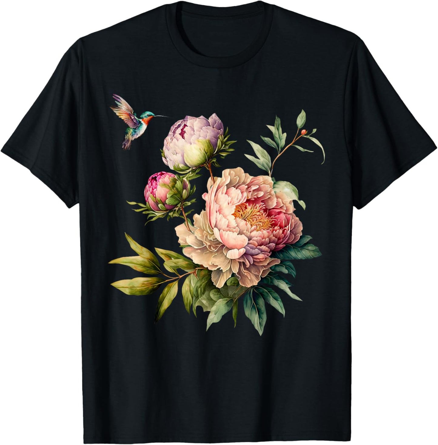 Retro Hummingbird Peony Flower Graphic Gardener Nature lover T-Shirt - T-Shirt | Black