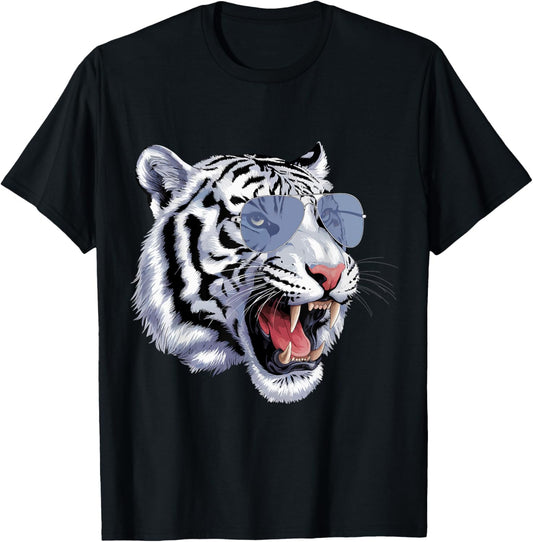 Cool Growling Bengal White Tiger with Sunglasses T-Shirt - T-Shirt | Black
