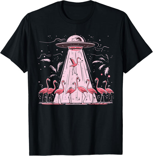 Alien UFO Abducting Flamingos Funny Women Girls Kids Men T-Shirt - T-Shirt | Black