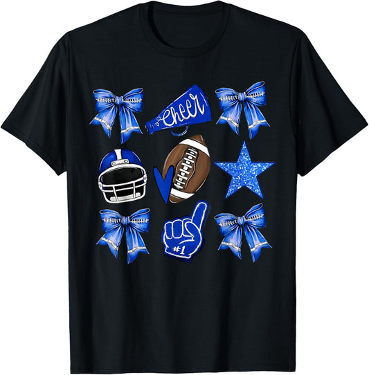 Blue Coquette Bow Football Disco Football Bow Coquette T-Shirt - T-Shirt | Black