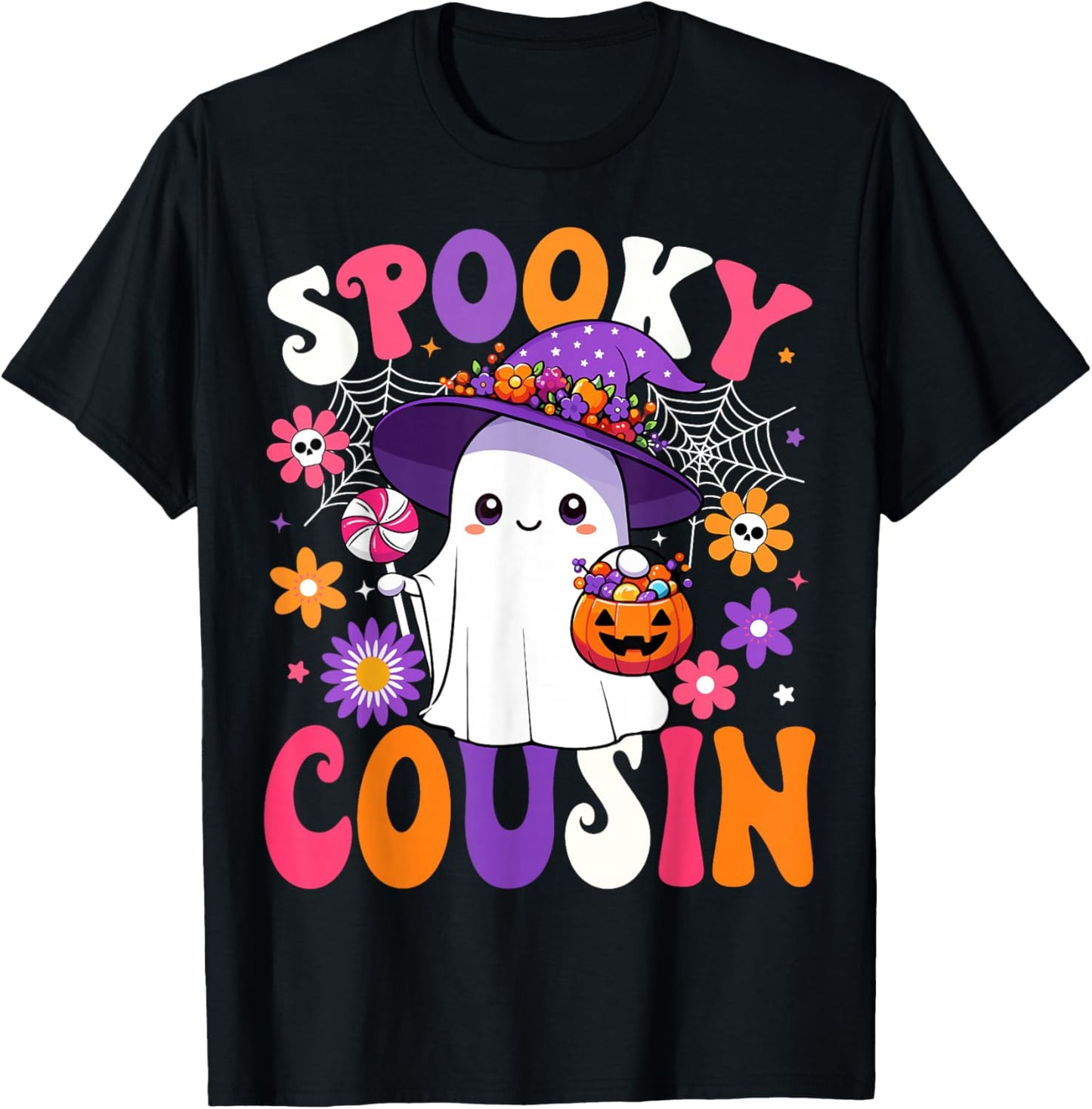 Groovy Spooky Cousin Halloween Ghost Pumpkin Halloween T-Shirt - T-Shirt | Black