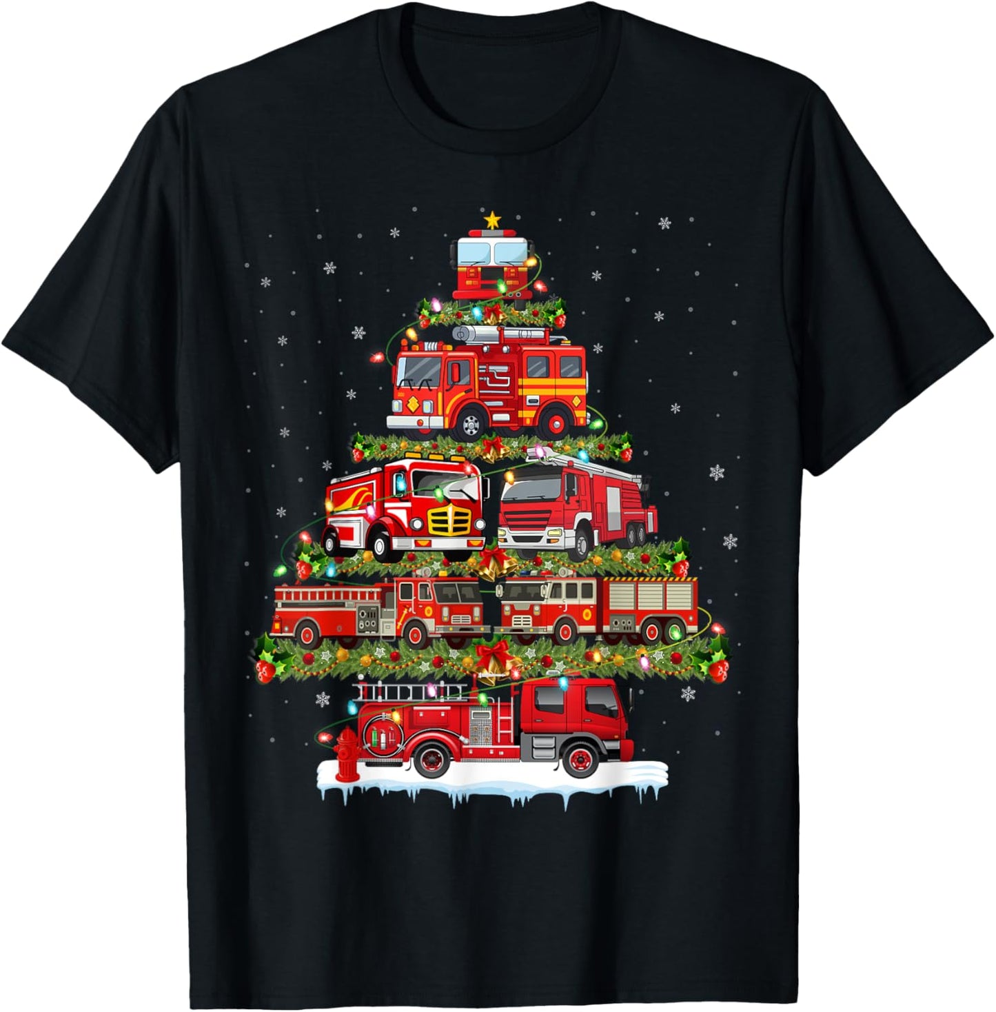 Fire Truck Xmas Lights Firefighter Fire Truck Christmas Tree T-Shirt - T-Shirt | Black