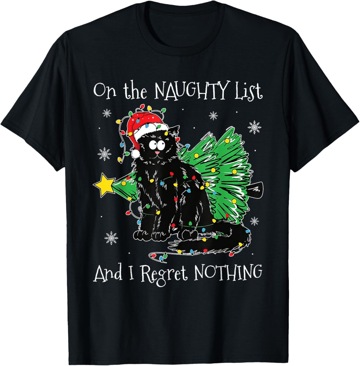 On The Naughty List And I Regret Nothing Cat Christmas Kids T-Shirt - T-Shirt | Black