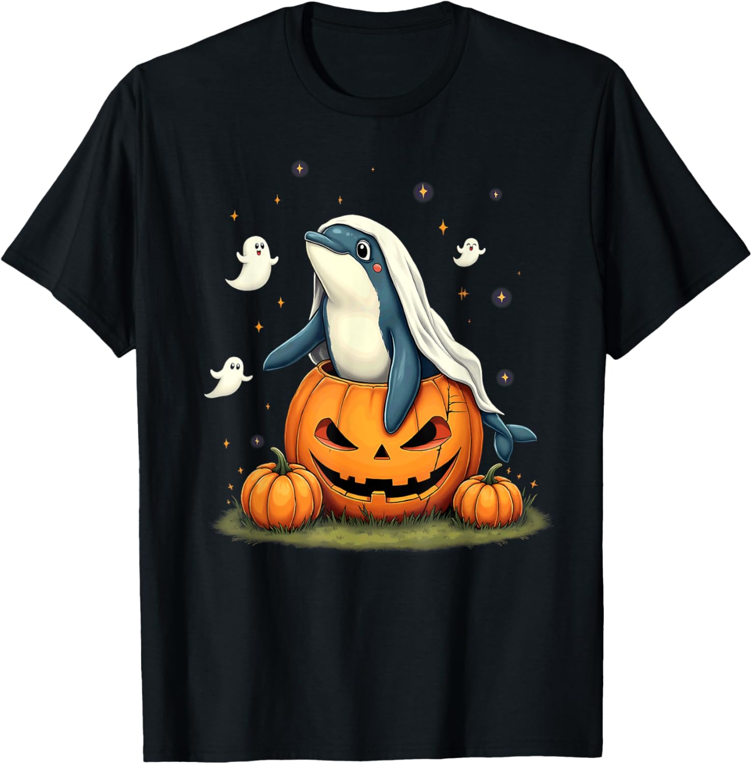 Pumpkin Boo Ghost Orca Whale Halloween Costume T-Shirt - T-Shirt | Black