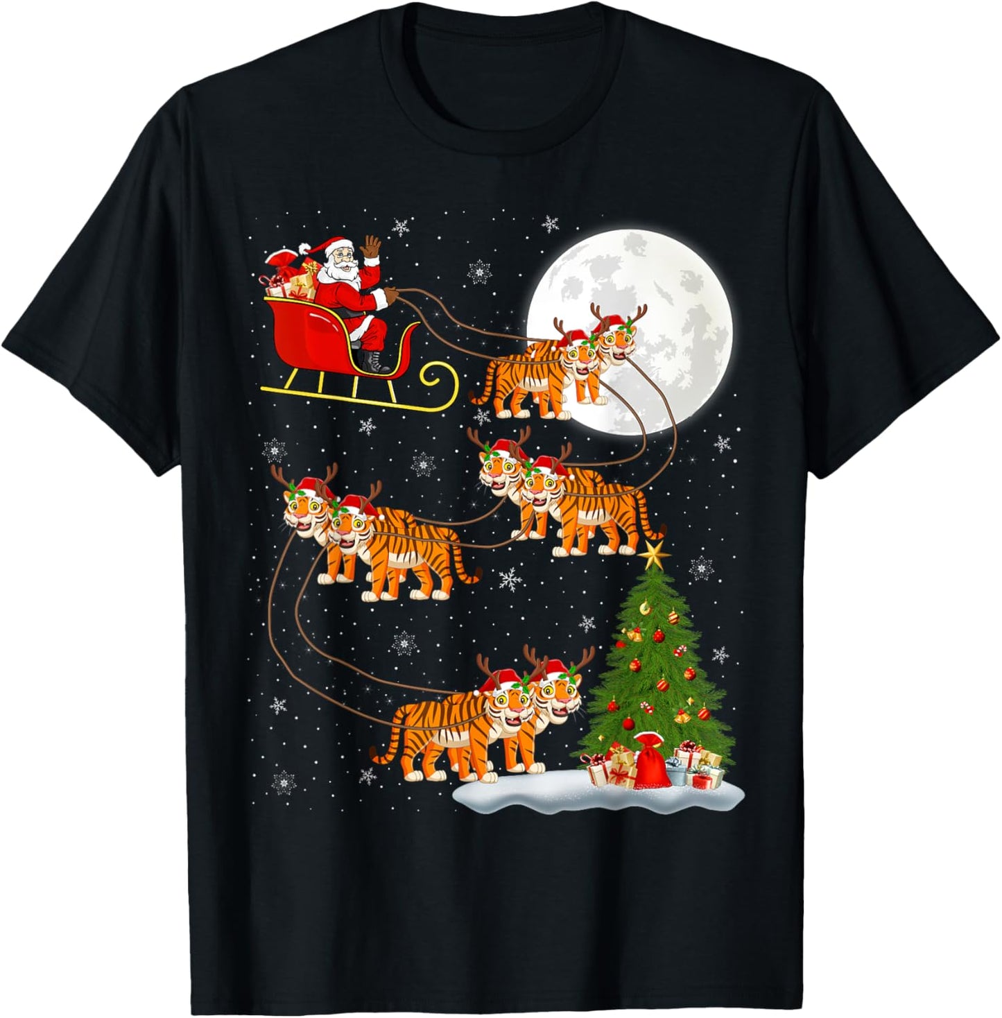 Xmas Tree Lights Funny Santa Riding Tiger Christmas T-Shirt - T-Shirt | Black