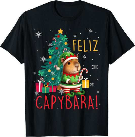 Feliz Capybara Elf Xmas Christmas Tree Checkered Candy Cane T-Shirt - T-Shirt | Black