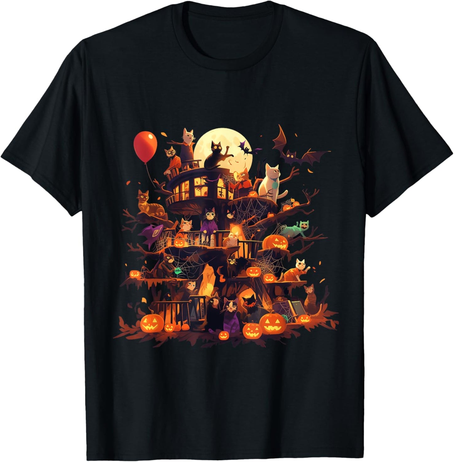 Cat Pumpkin Haunted House Horror Halloween Gifts Women Kids T-Shirt - T-Shirt | Black