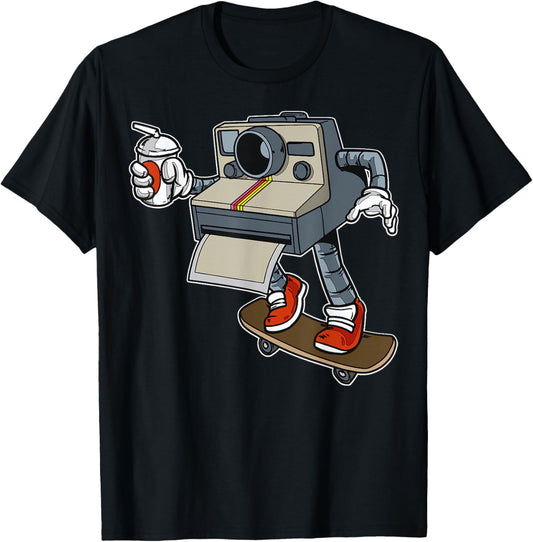 Cartoon Camera On Skateboard Playful Retro Character T-Shirt - T-Shirt | Black