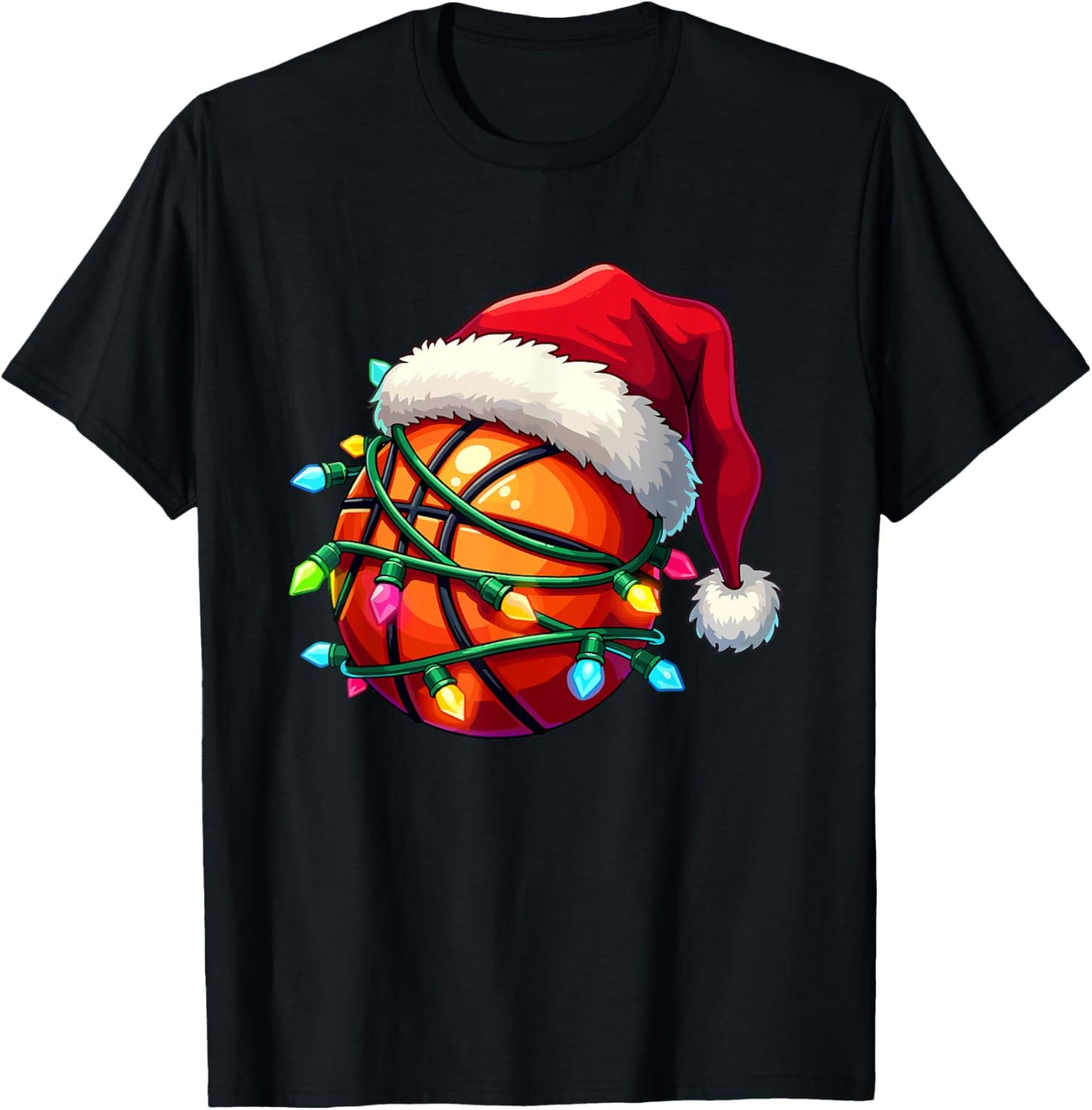 Funny Basketball Santa Hat Family Pajamas Christmas Lights T-Shirt - T-Shirt | Black