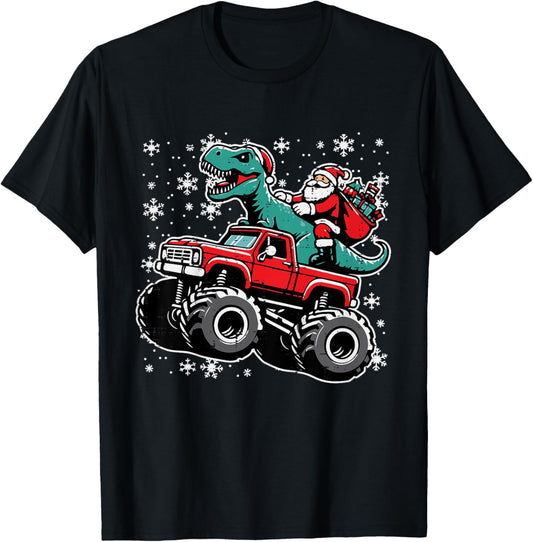 Kids Christmas Monster Truck Dino Santa Xmas Toddler Boys Kids T-Shirt - T-Shirt | Black