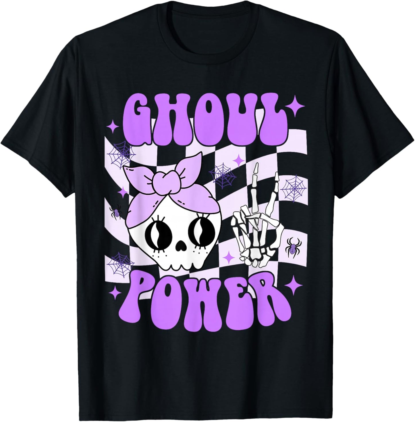 Ghoul Power Halloween Skeleton Peace Hand Checkered Girl Kid T-Shirt - T-Shirt | Black