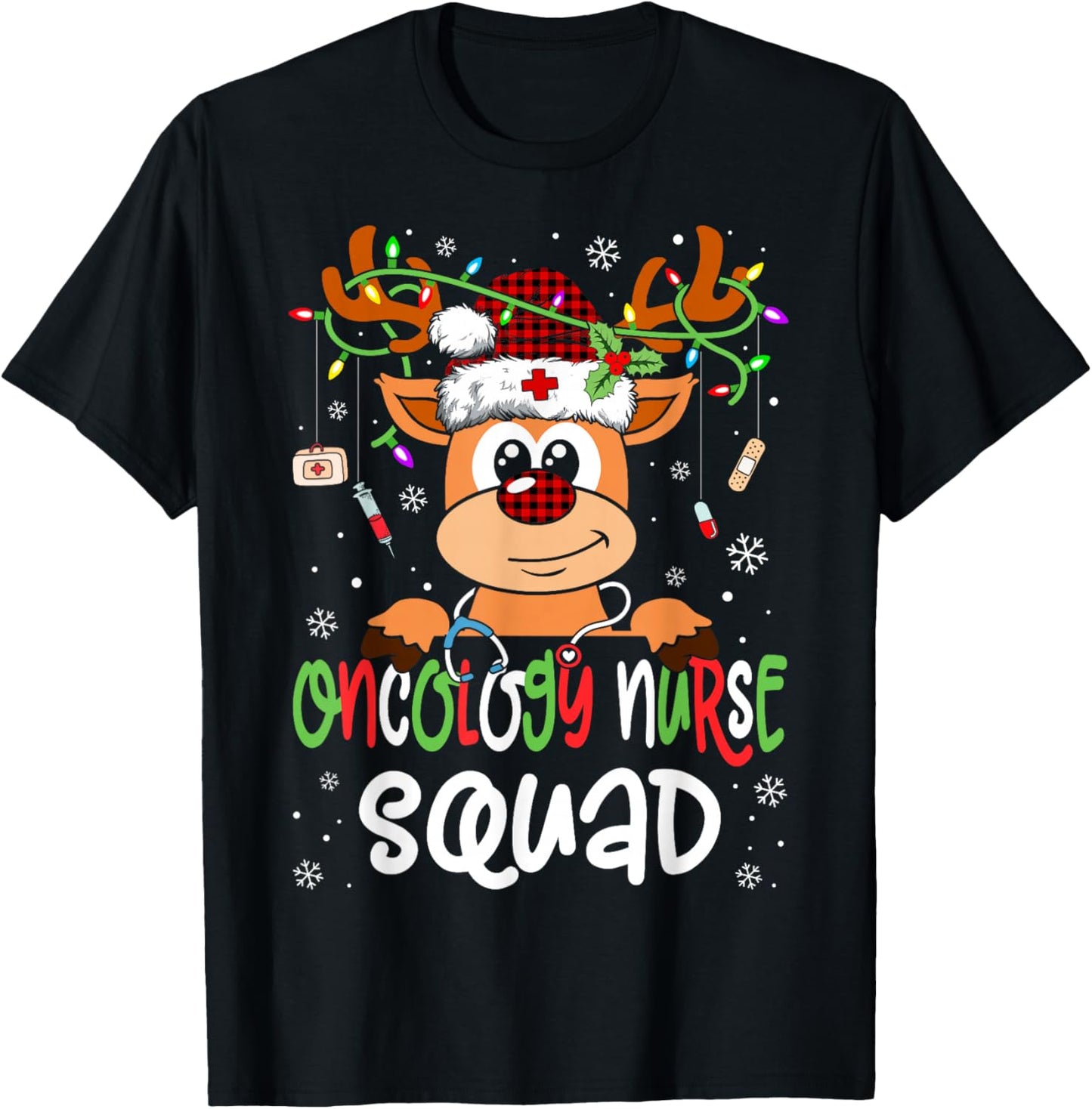 Oncology Nurse Squad Reindeer Stethoscope Nurse Christmas T-Shirt - T-Shirt | Black