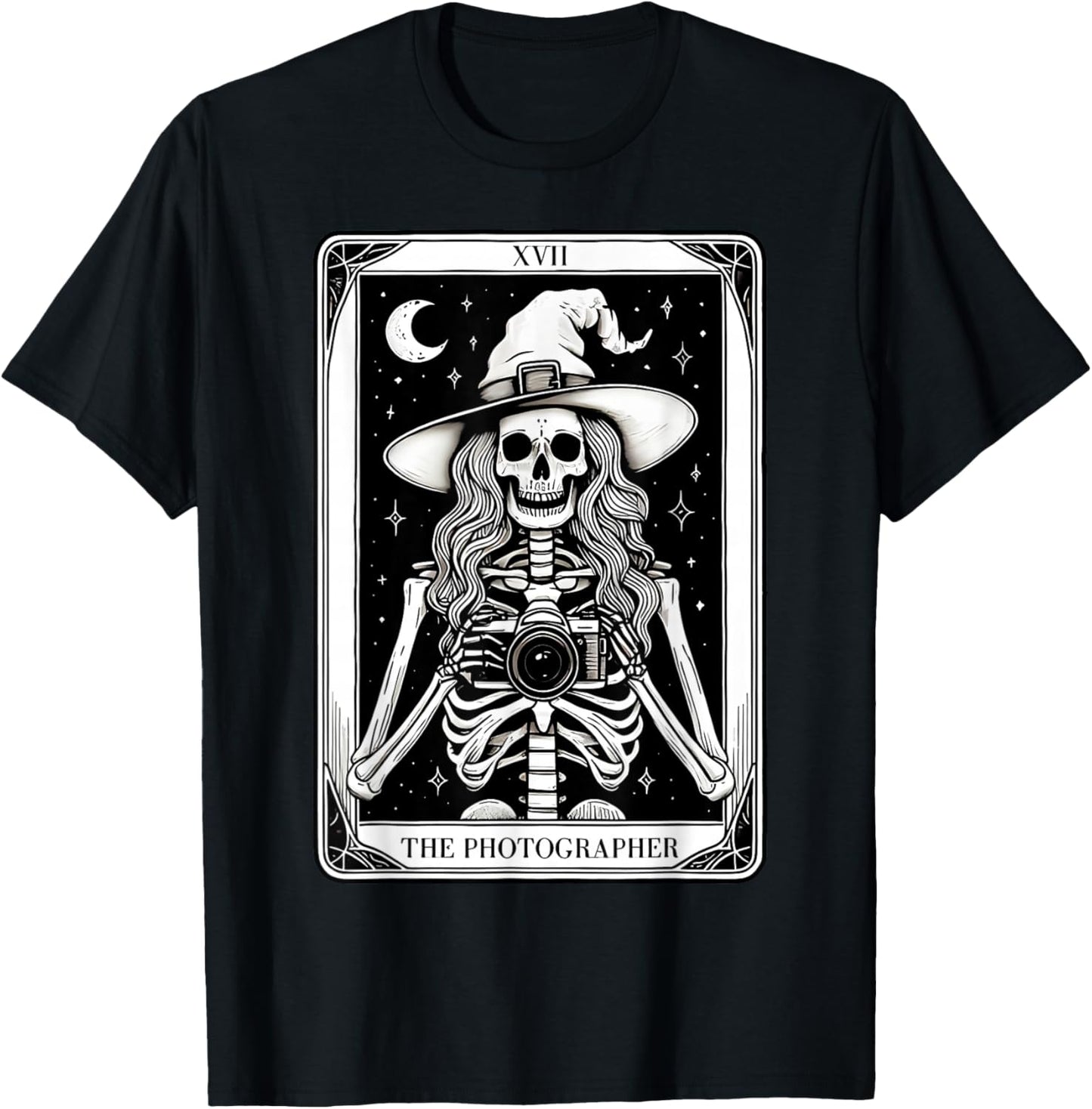Photographer Skeleton Tarot Card Witch Vibes Cameraman T-Shirt - T-Shirt | Black