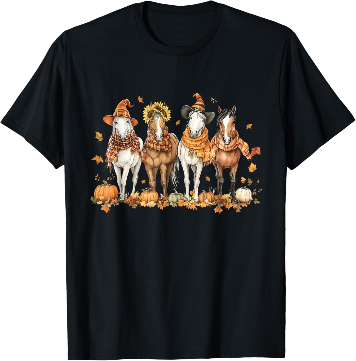 Fall Horse Thanksgiving Horse Autumn Leaves Western Horses T-Shirt - T-Shirt | Black