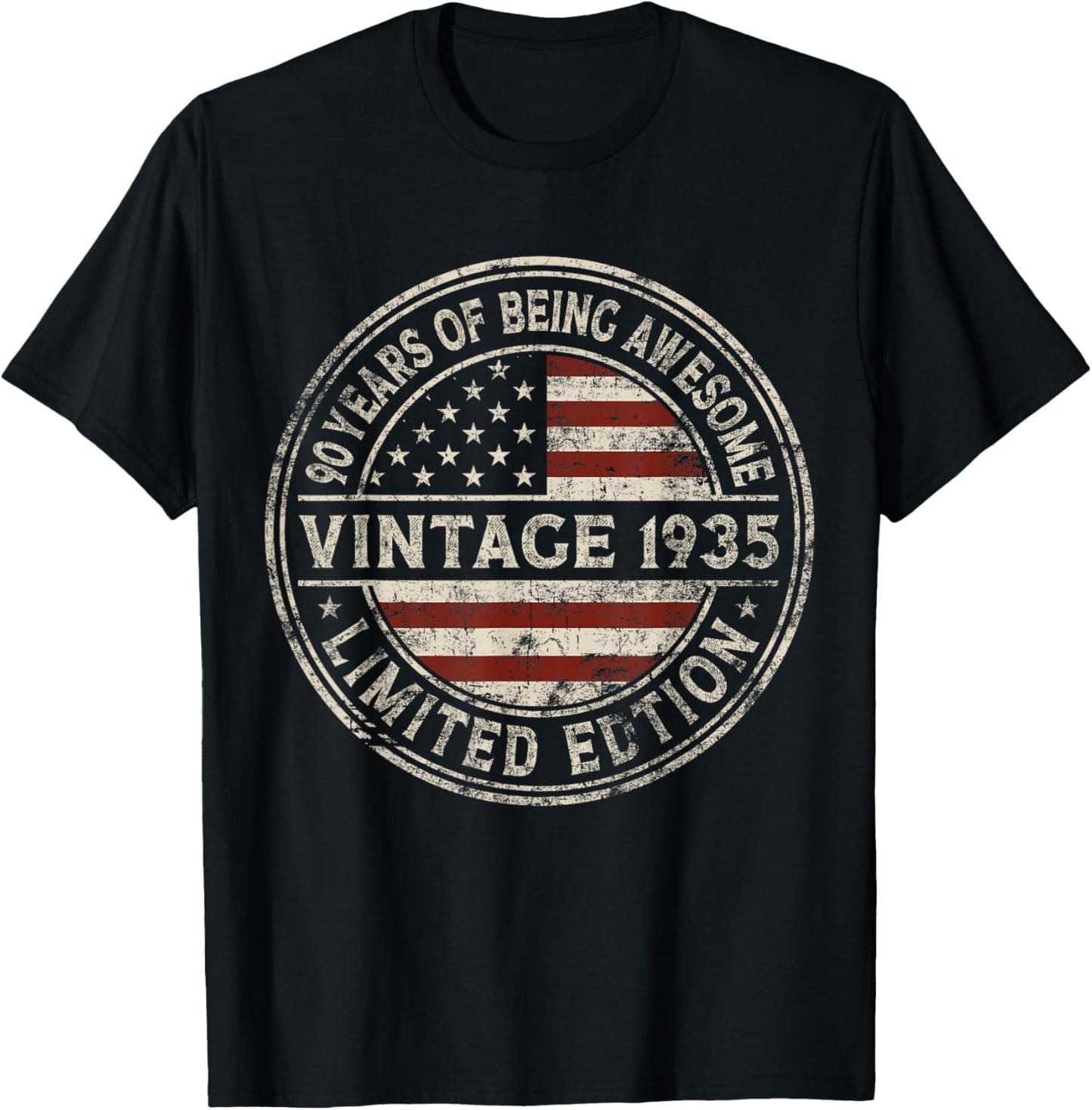 90th Birthday Vintage 1935 Limited Edition American Flag T-Shirt - T-Shirt | Black