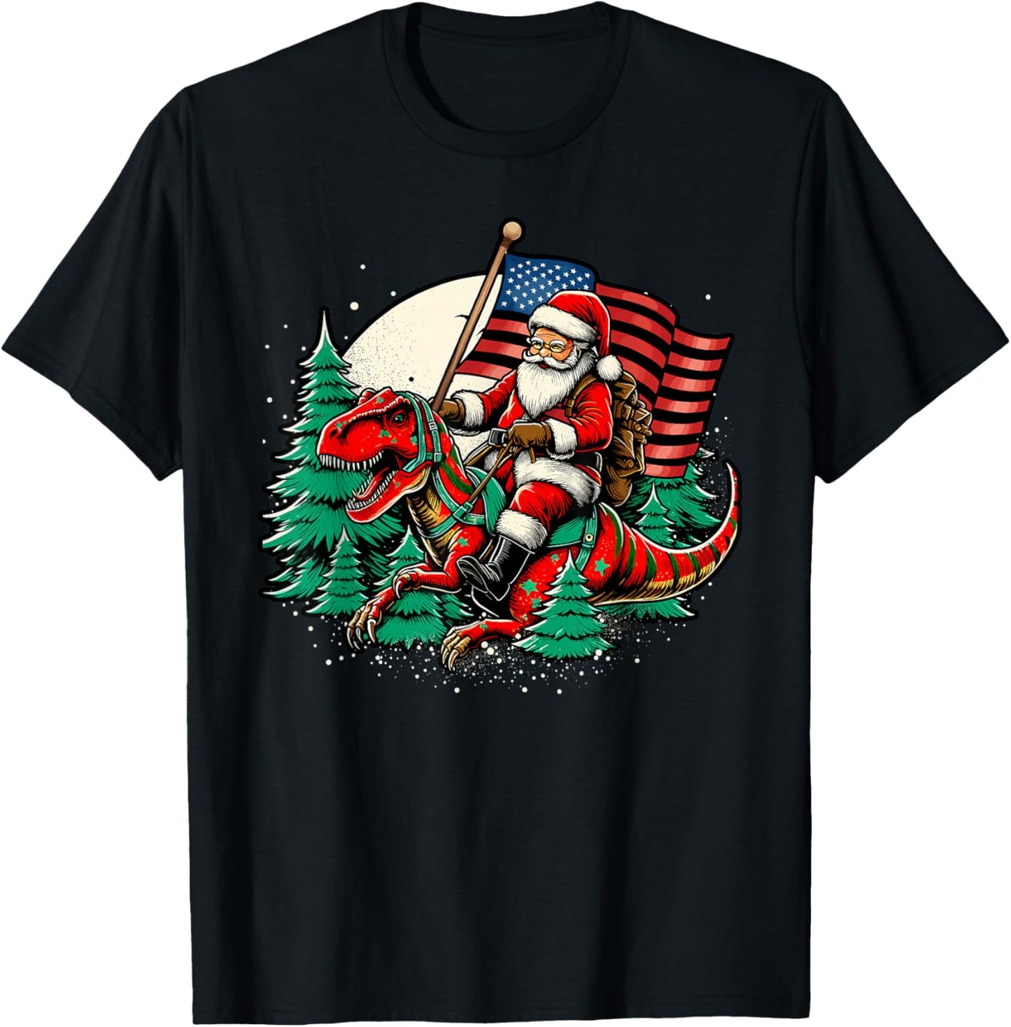 Santa Riding Dinosaur USA Flag T Rex Christmas T-Shirt - T-Shirt | Black