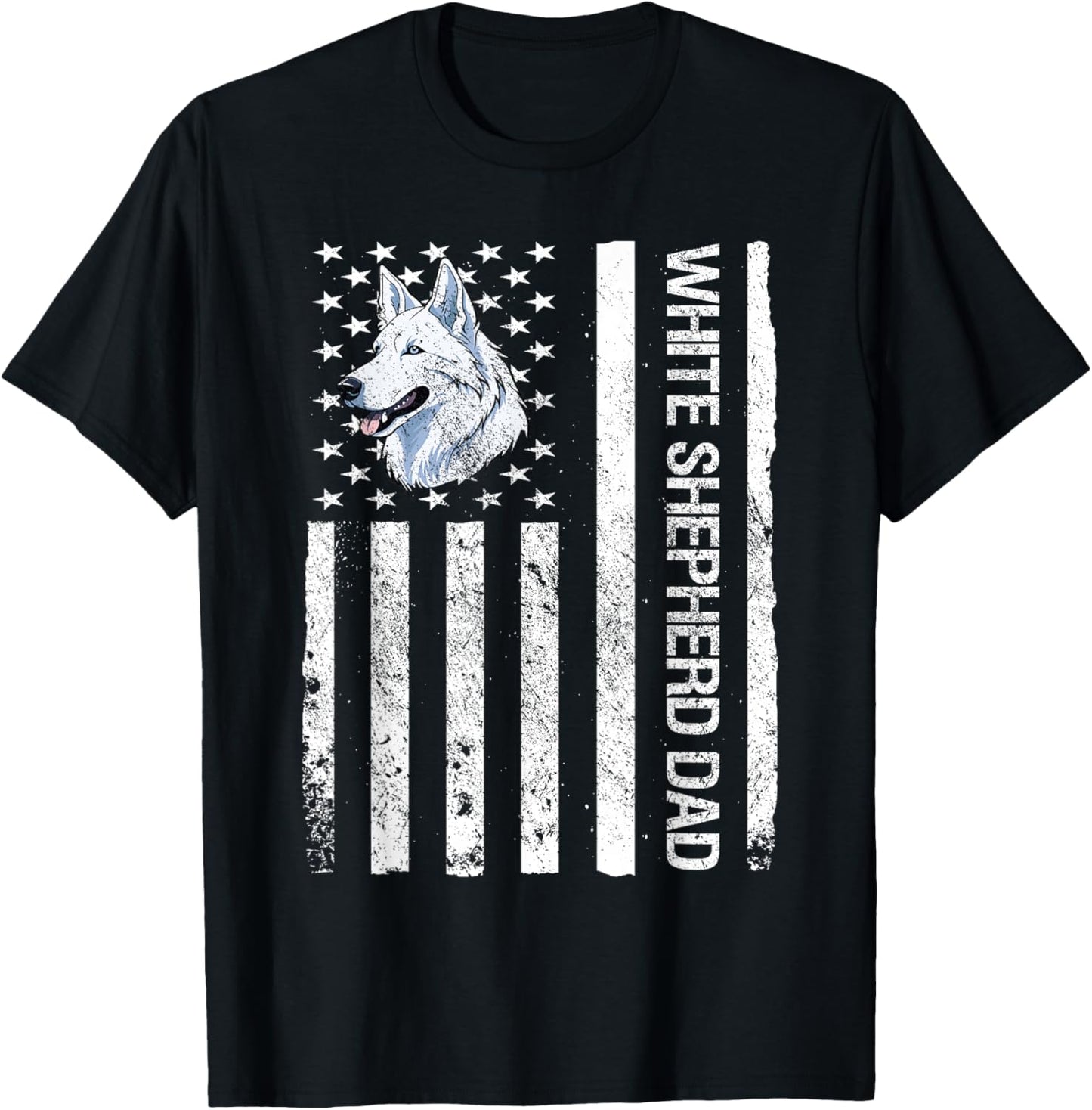 White Shepherd Dad USA Flag White German Shepherd T-Shirt - T-Shirt | Black