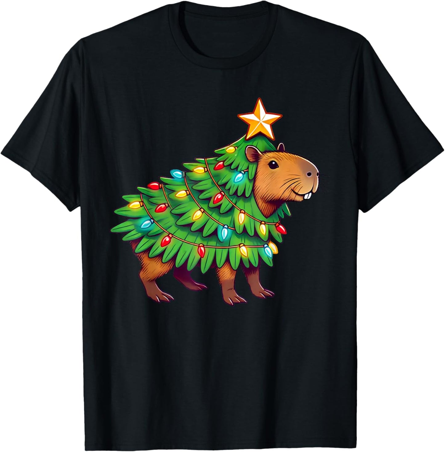 Capybara Christmas & Capypara Gifts -Adult Christmas Black Small Modern Capybara Print Round Collar Short Sleeve T-Shirt - T-Shirt | Black