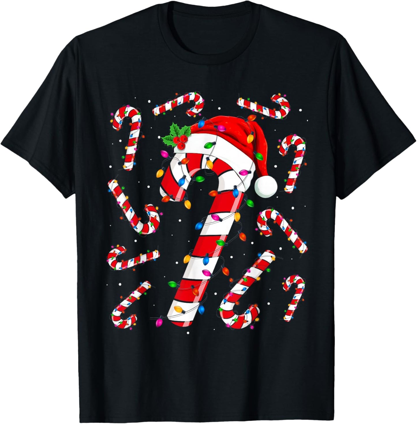 Red and White Candy Cane Santa Christmas Funny Xmas Lights T-Shirt - T-Shirt | Black