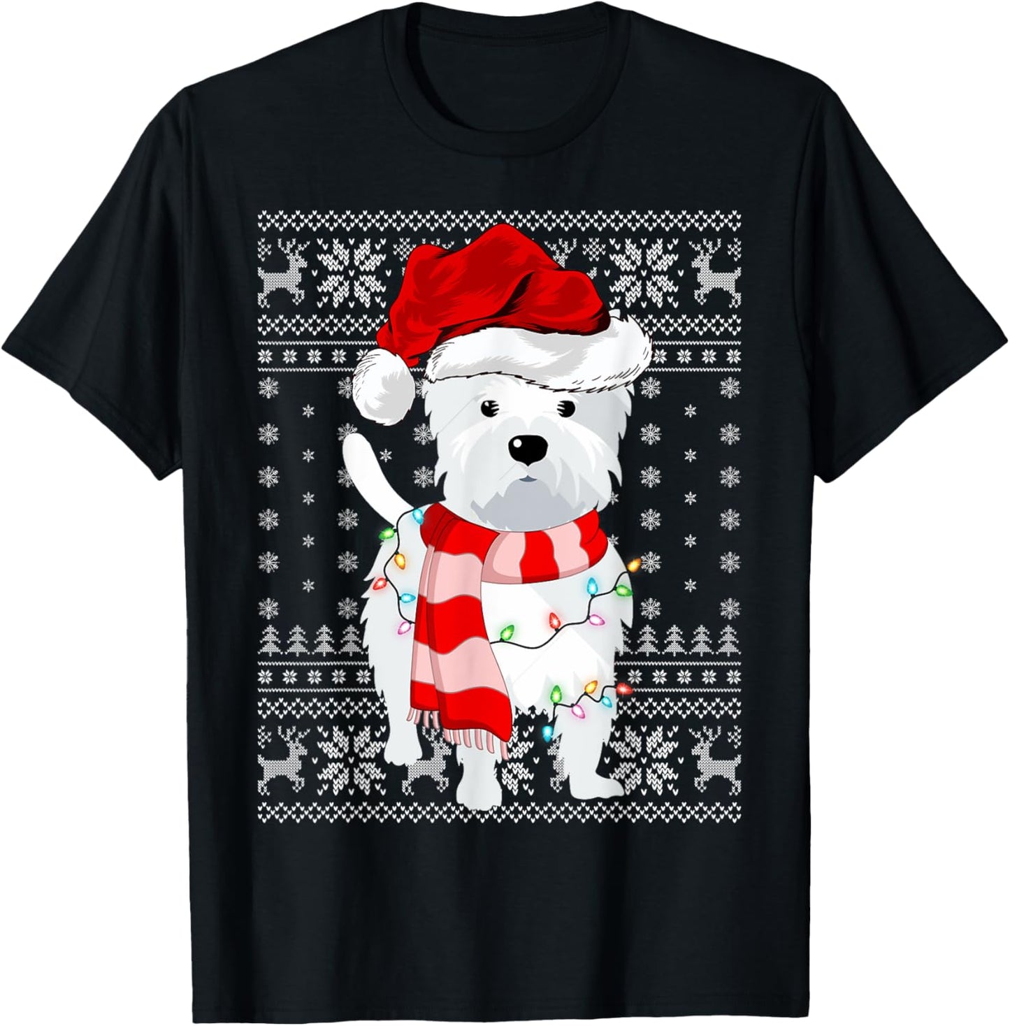 Ugly Sweater Xmas Lights Santa Hat Westie Dog Christmas Men Women Kids T-Shirt - T-Shirt | Black