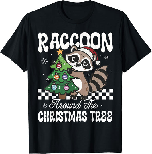 Funny Raccoon Around The Christmas Tree Raccoon Lover T-Shirt - T-Shirt | Black
