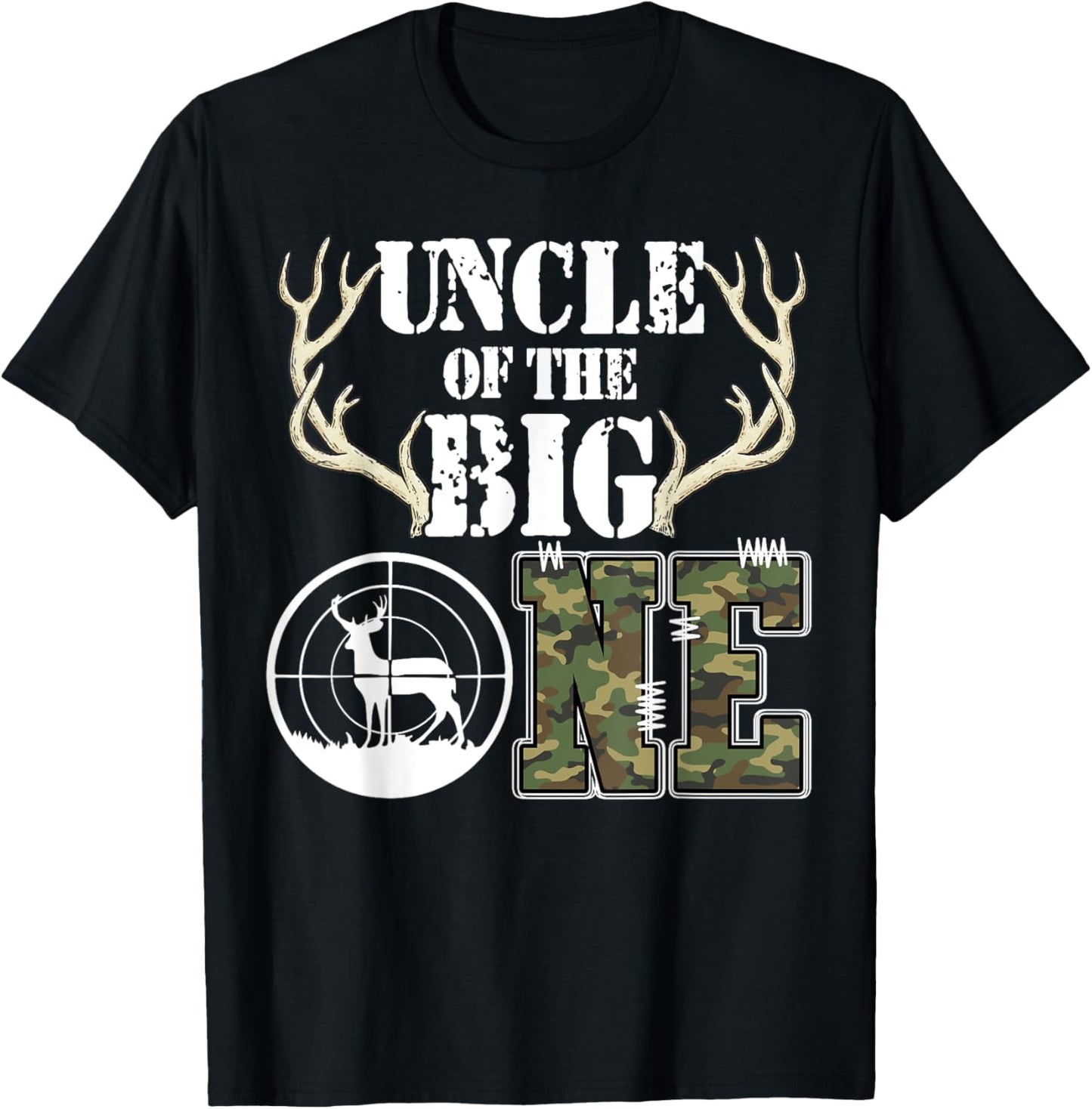 Uncle of The Big One 1st Birthday Boy Deer Hunter Camouflage T-Shirt - T-Shirt | Black
