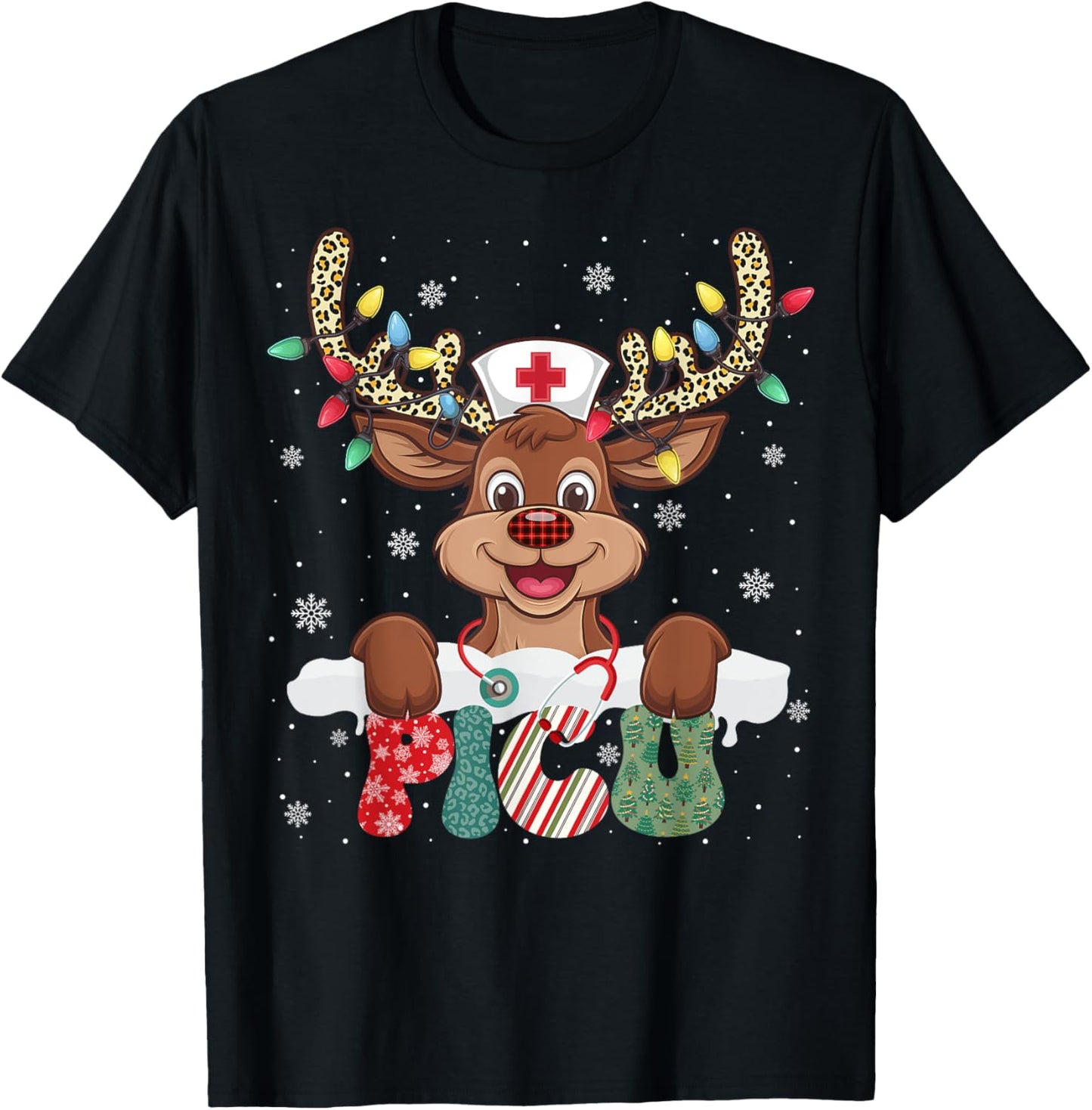 PICU Nurse Reindeer Nurse Hat Christmas Light Women Girl T-Shirt - T-Shirt | Black