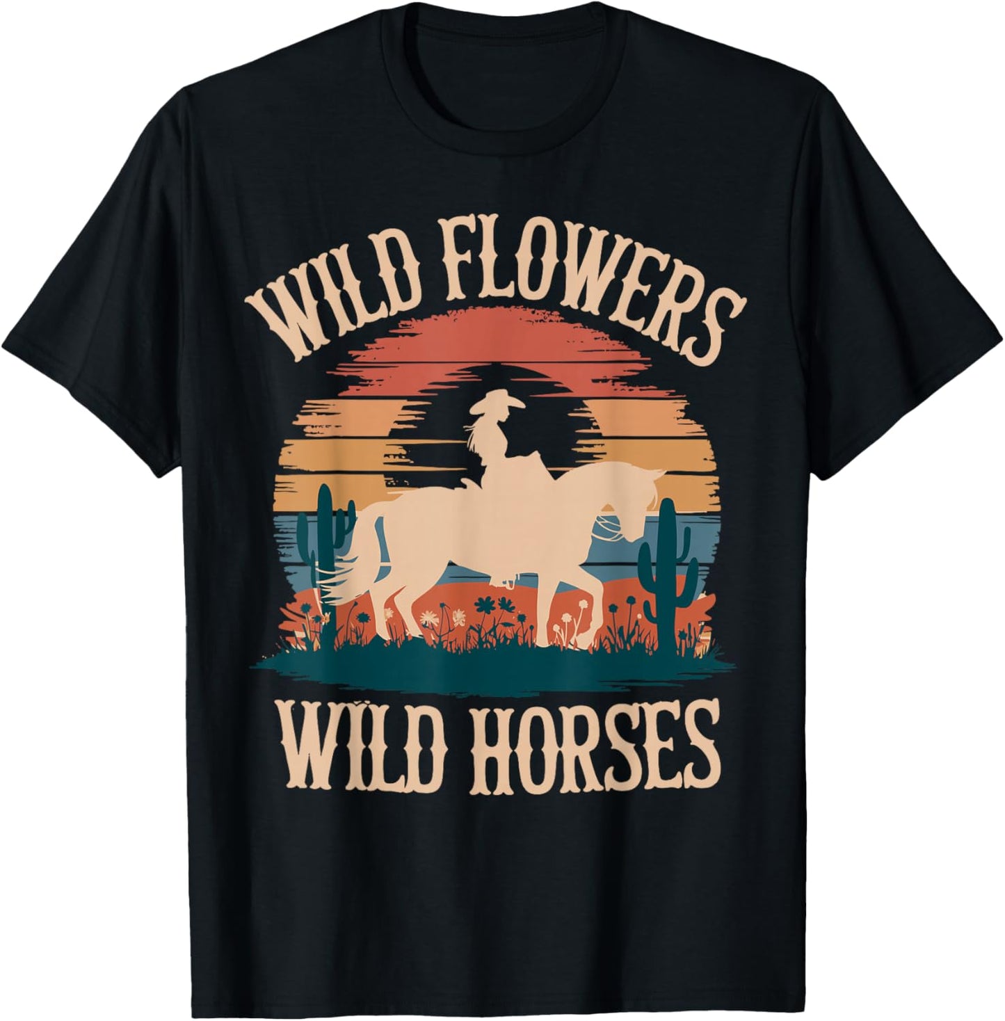 Vintage Sunset Western Country Wild Flowers - Wild Horses T-Shirt - T-Shirt | Black