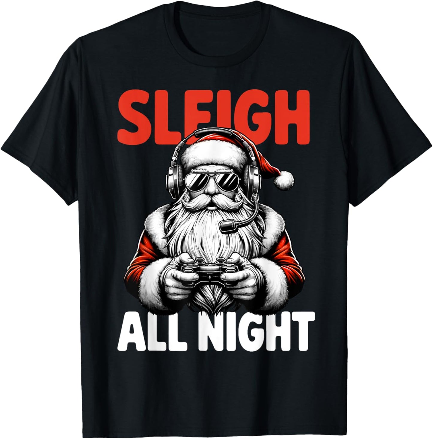 Christmas Gamer Boys Sleigh All Night Video Game Santa Xmas T-Shirt - T-Shirt | Black