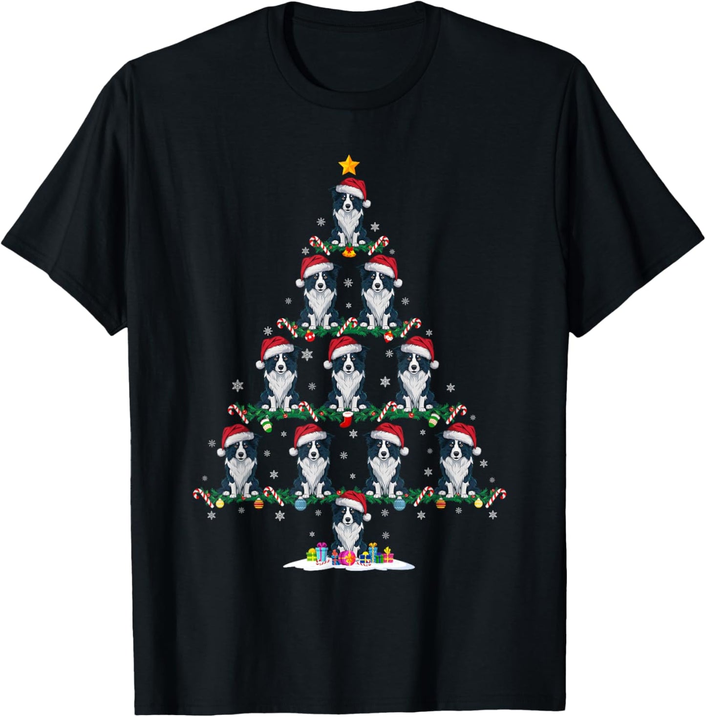 Border Collie Dog Christmas Tree Pajama Men Women Kids Ugly T-Shirt - T-Shirt | Black