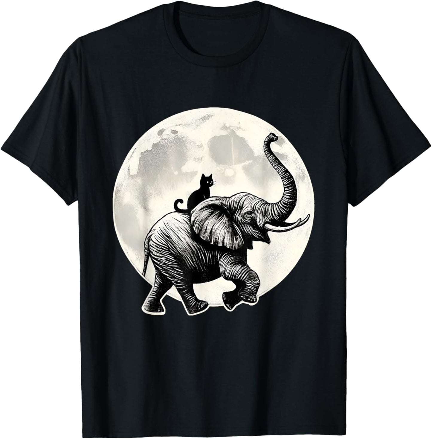 Cat Sitting Elephant Animal Elephant Lovers in The Moon T-Shirt - T-Shirt | Black