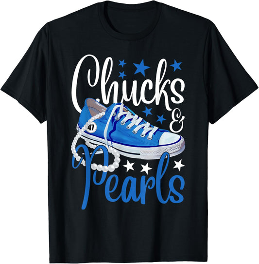 Chucks And Pearls Kamala Harris 2024 USA President 47 Blue T-Shirt - T-Shirt | Black