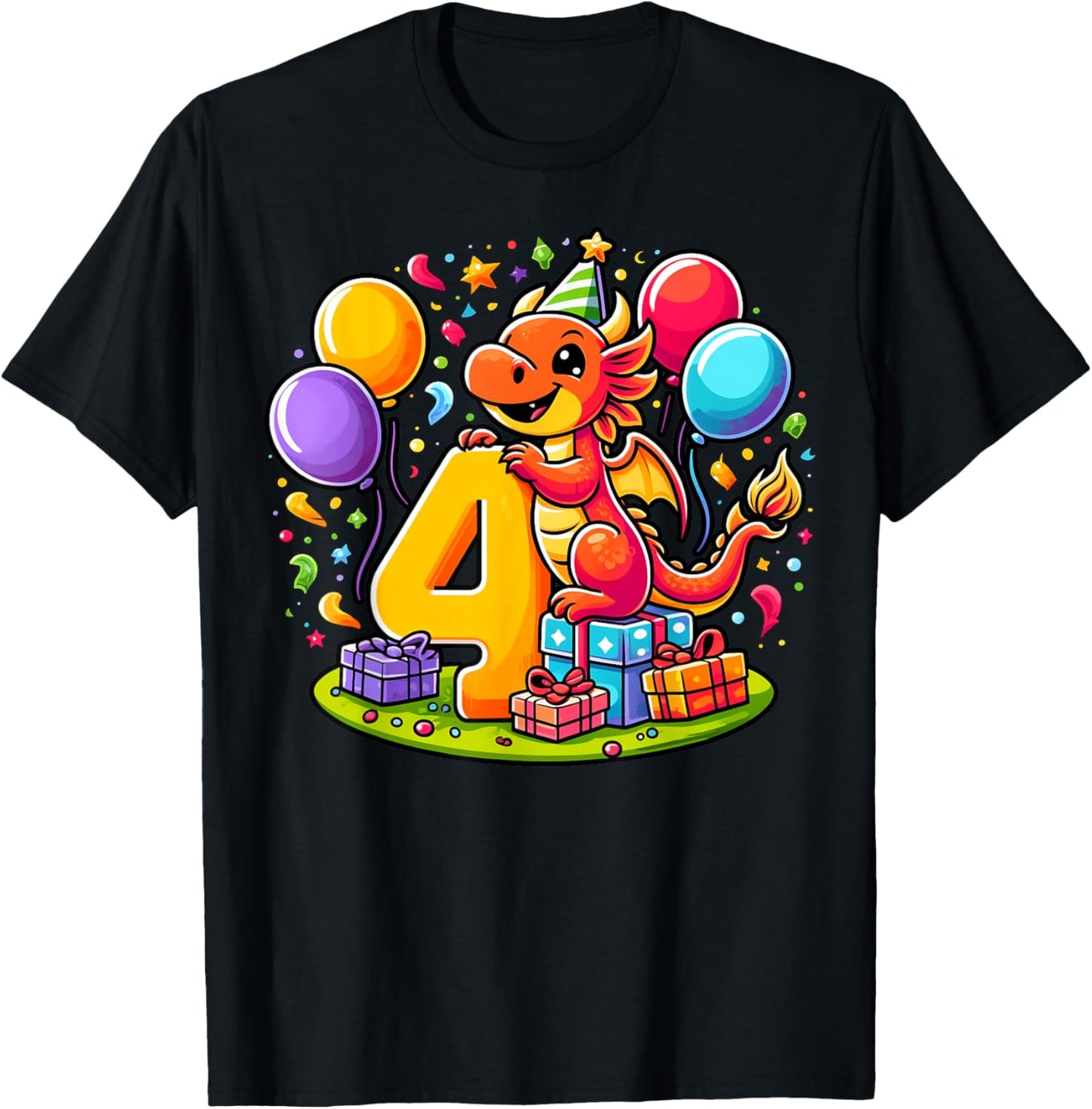 Kids Dragon Theme fourth Bday Party 4th Dragon Birthday T-Shirt - T-Shirt | Black