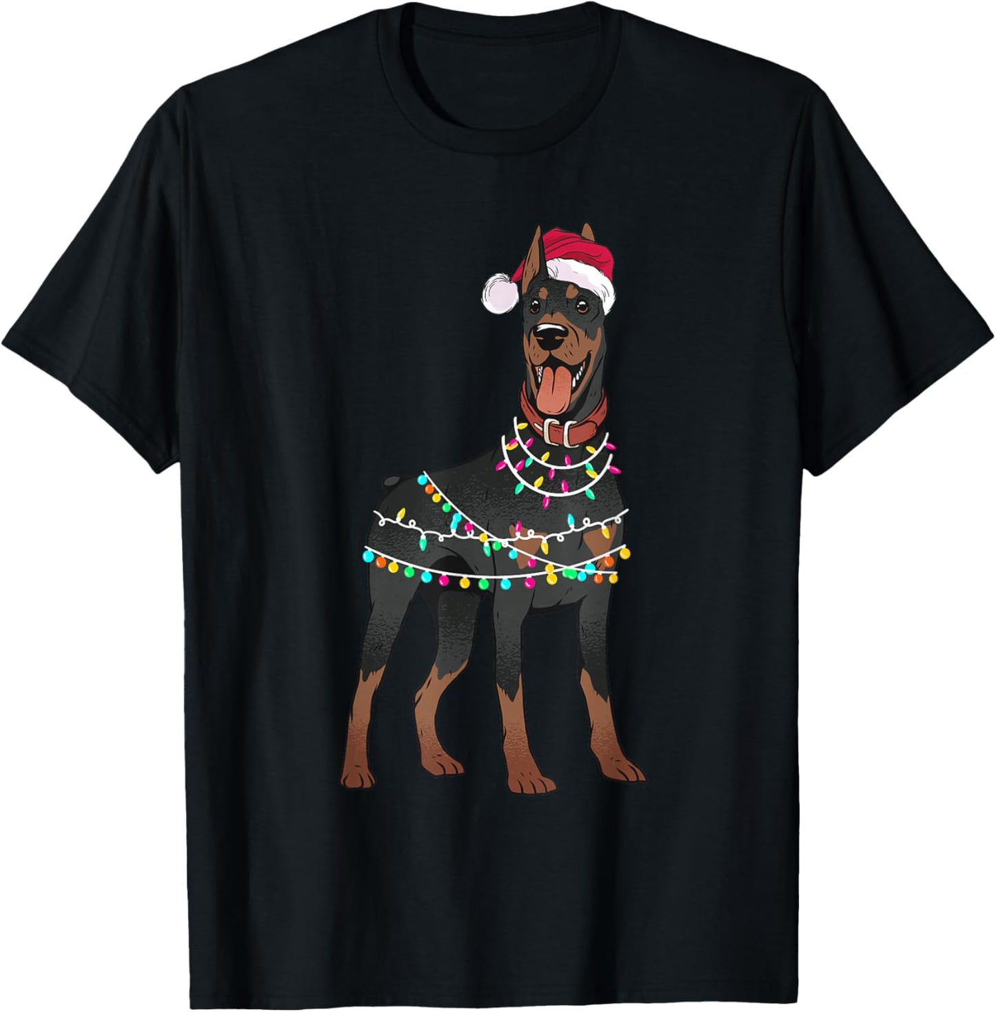 Doberman Santa Christmas Lights Dog T-Shirt - T-Shirt | Black