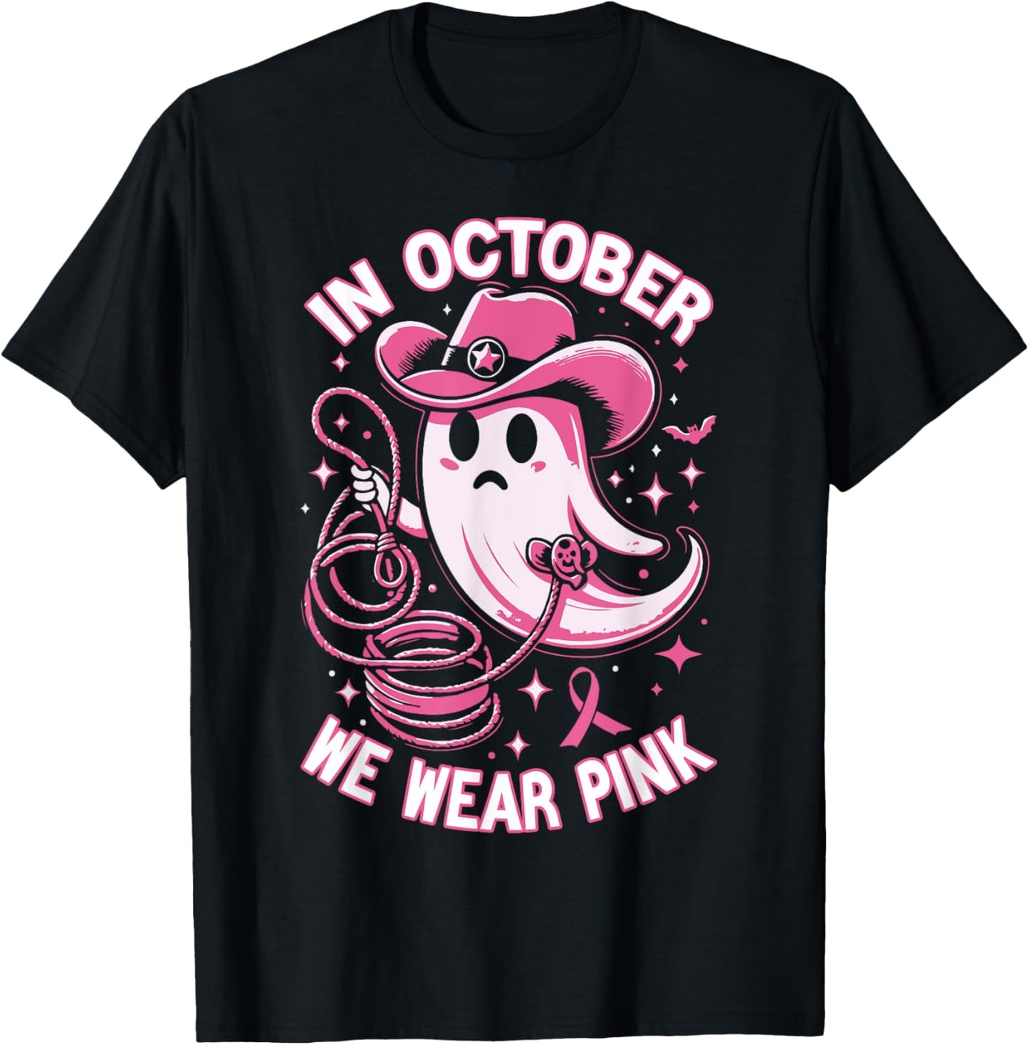 In October We Wear Pink Cowboy Ghost Halloween Breast Cancer T-Shirt - T-Shirt | Black