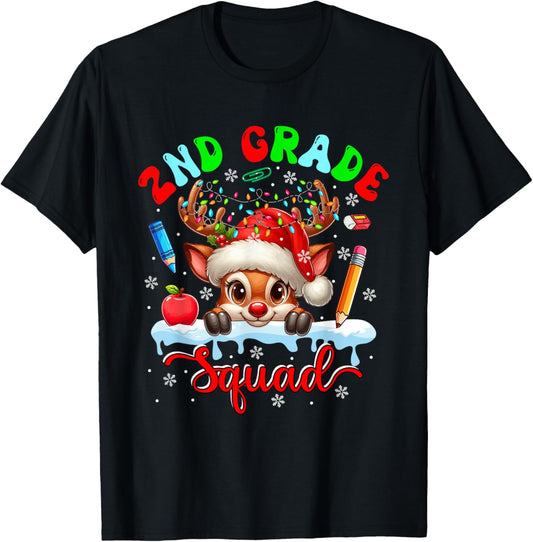 2nd Grade Squad Christmas Reindeer Costume Students Teacher T-Shirt - T-Shirt | Black