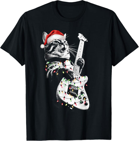 Rock Cat Playing Guitar Funny Guitar Cat Christmas Group Women Kids T-Shirt - T-Shirt | Black