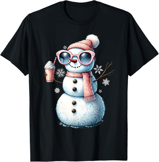 Xmas Snowman Drinking Hot Chocolate Bougie Women Christmas T-Shirt - T-Shirt | Black