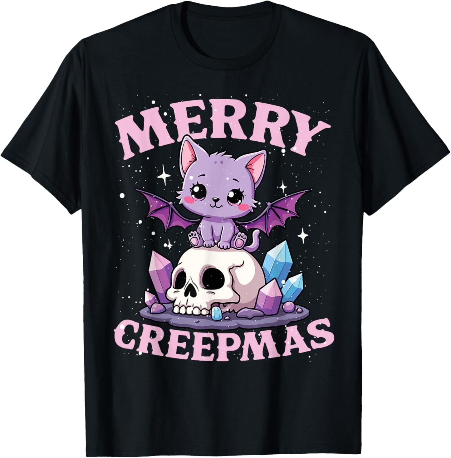 Merry Creepmas Cat Pastel Goth Christmas Skull Women Kids T-Shirt - T-Shirt | Black