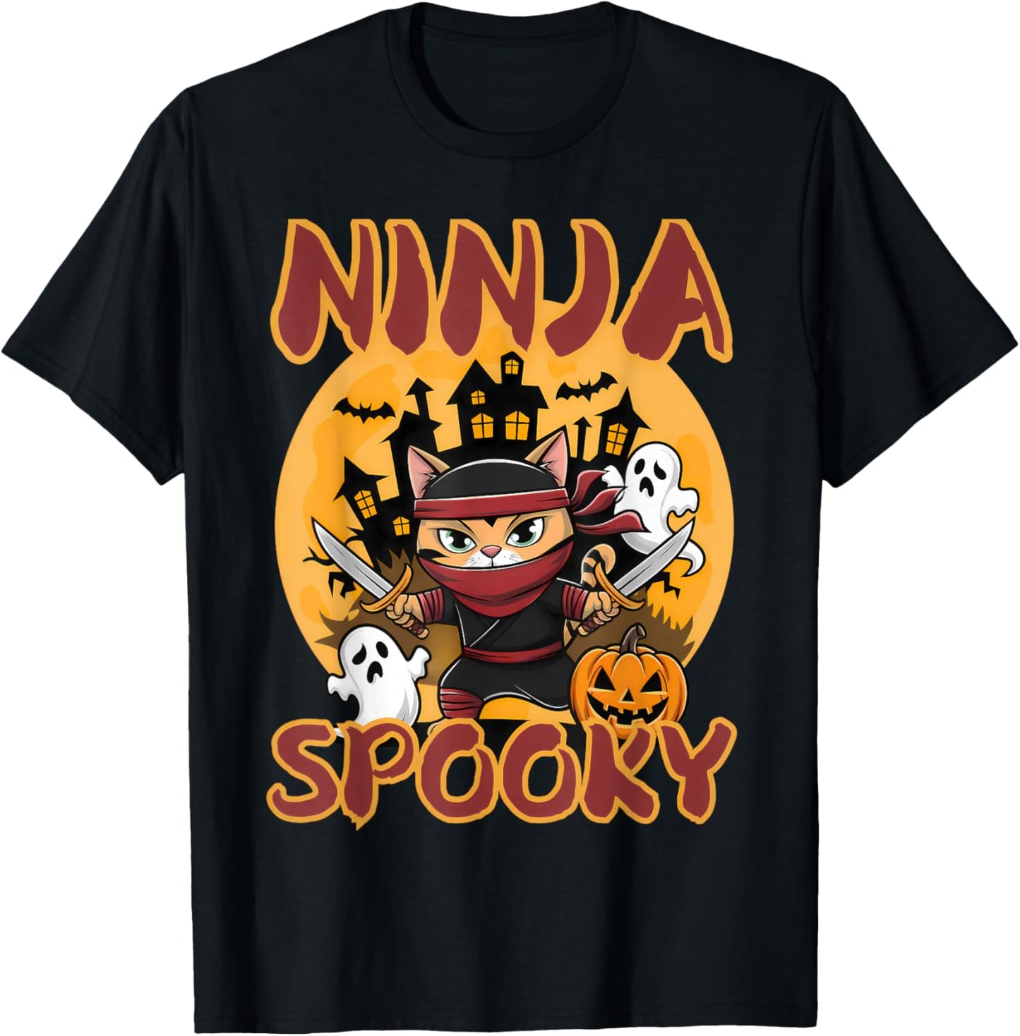 Ninja Spooky Halloween whit pumpkin Ninja Cat T-Shirt - T-Shirt | Black