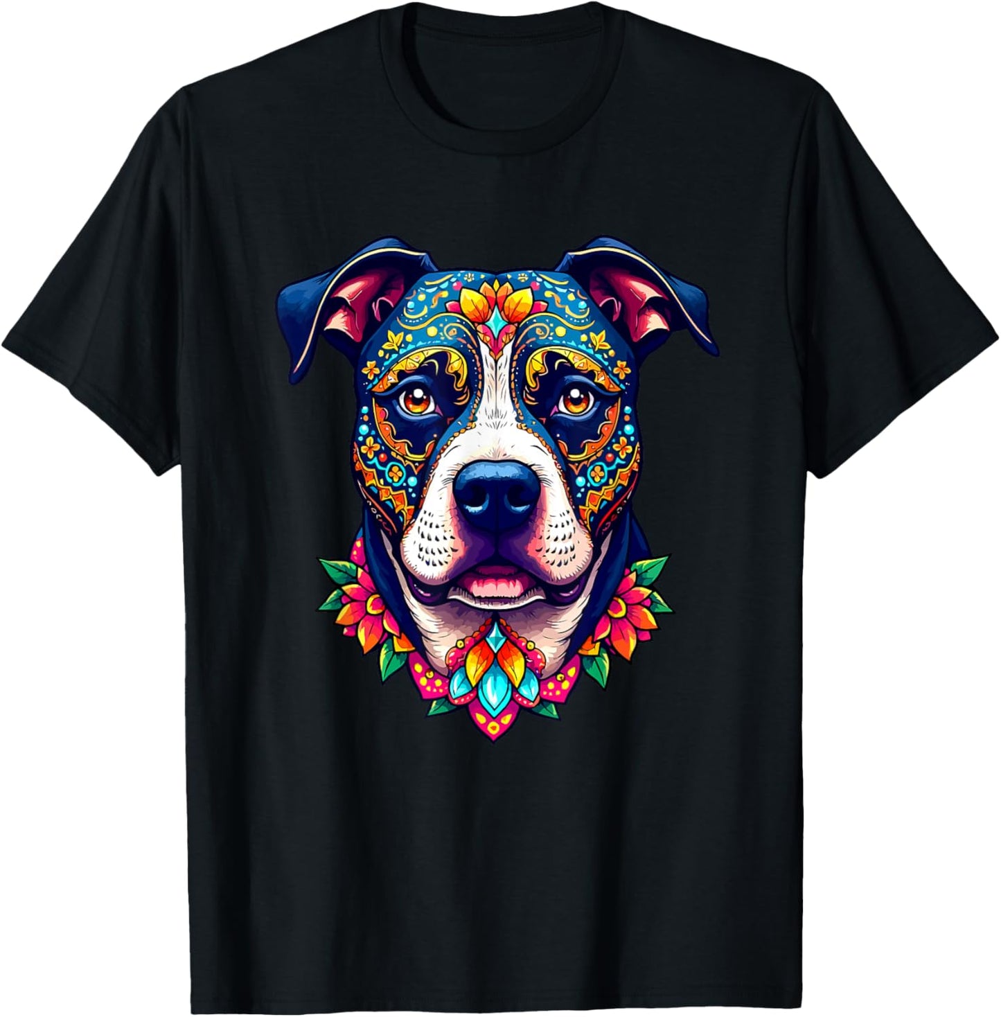 Mexican Sugar Skull Pitbull Dog Dia de Muertos Halloween Day Men Women T-Shirt - T-Shirt | Black