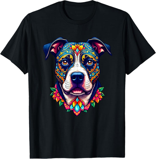 Mexican Sugar Skull Pitbull Dog Dia de Muertos Halloween Day Men Women T-Shirt - T-Shirt | Black