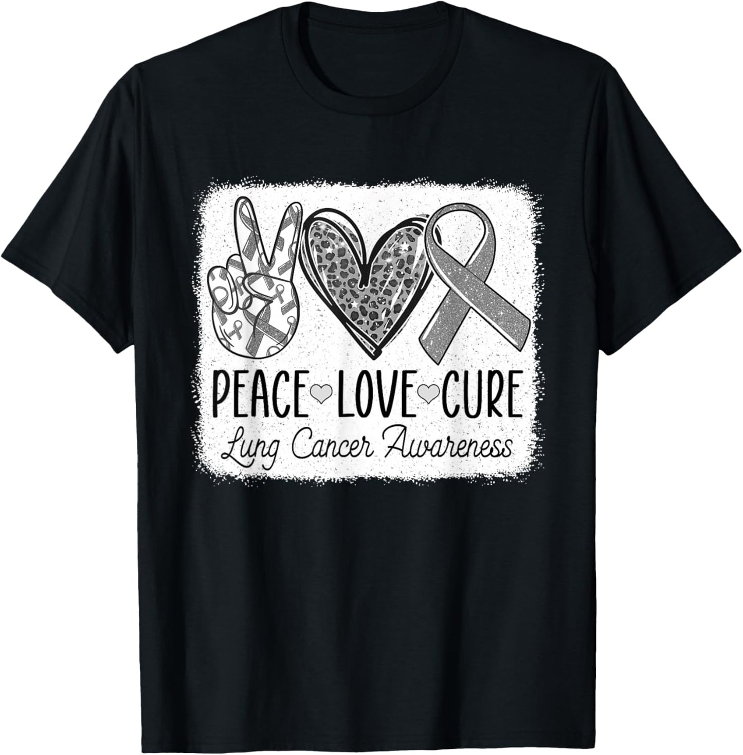 Lung Cancer Awareness Peace Love Cure White Ribbon T-Shirt - T-Shirt | Black