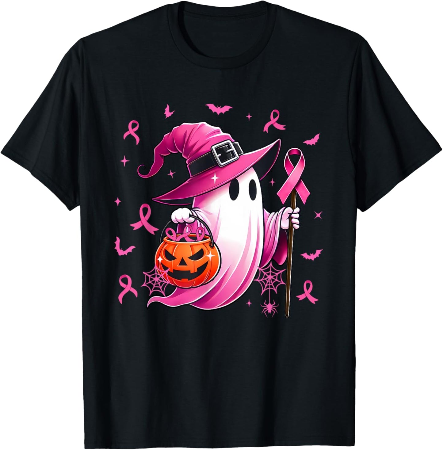 Halloween Pink Ghost Witch Breast Cancer Awareness Women T-Shirt - T-Shirt | Black