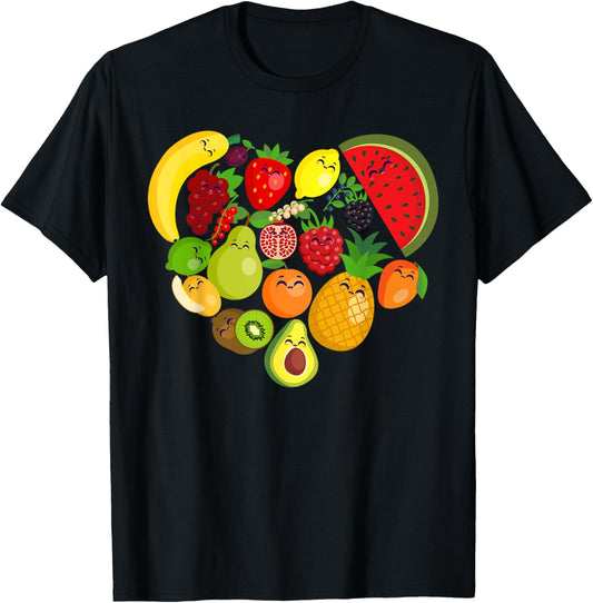 Funny Fruits Collage Cute heart Fruit and Vegetables T-Shirt - T-Shirt | Black